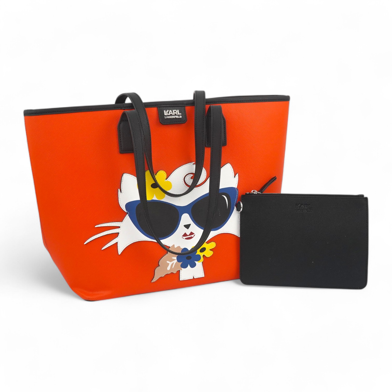 A Karl Lagerfeld Paris orange PVC Choupette beach tote bag and purse, length 32cm, width 17cm, height 29.5cm